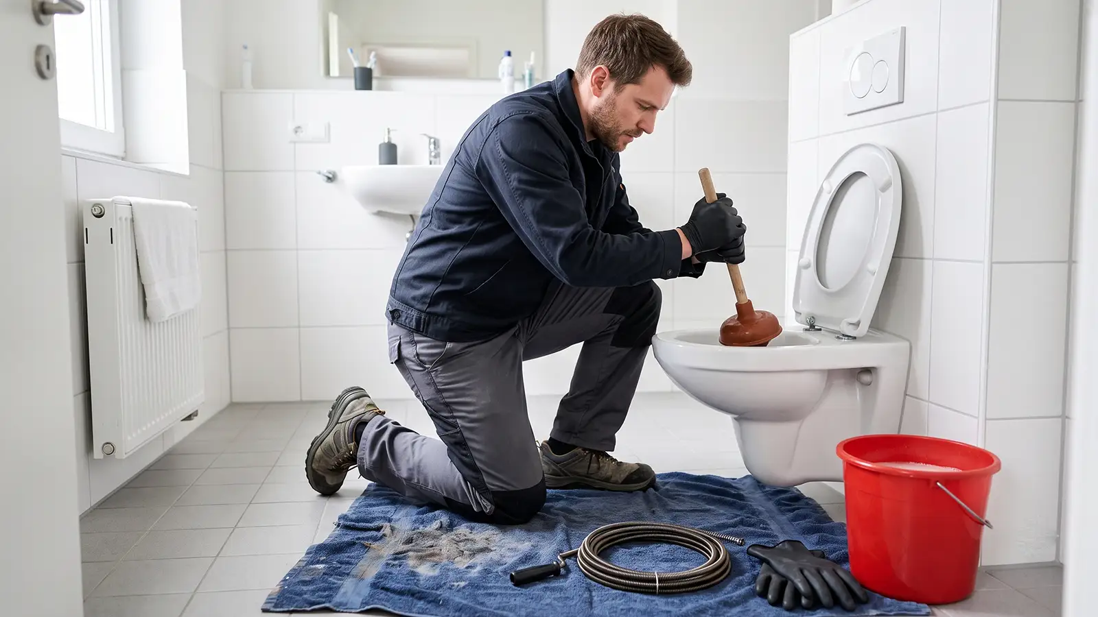 Techniker setzt eine Saugglocke an einer verstopften Toilette an