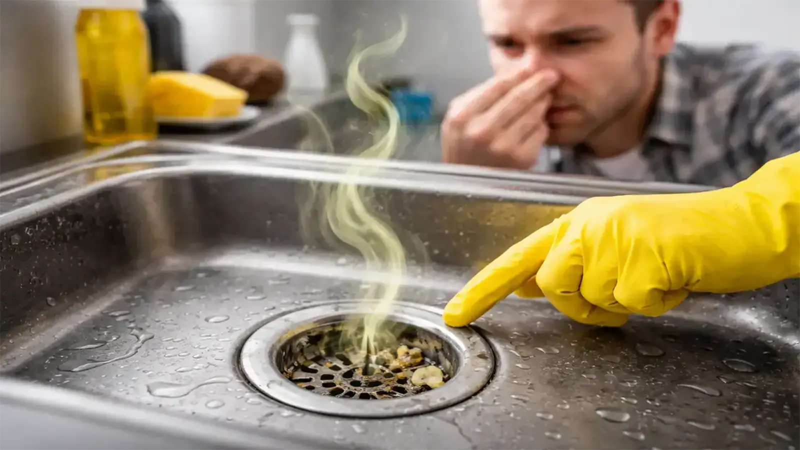 Monteur demontiert den Siphon unter einem Waschbecken, um die Ursache für Geruch aus dem Abfluss zu beseitigen